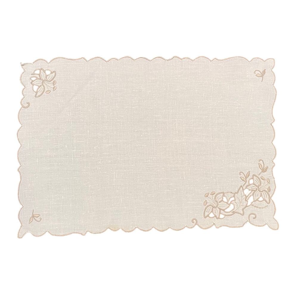 Vintage Ivory Embroidered Linen Napkins, Floral, Set of 8